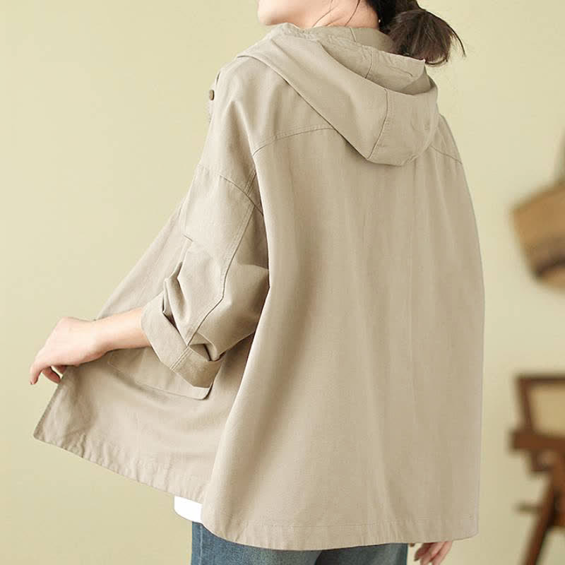 Buddha Stones Lässige, minimalistische Damenjacke mit Kordelzug und Tasche für den Herbst – einfarbig, einfarbig, mit Tasche - image 2