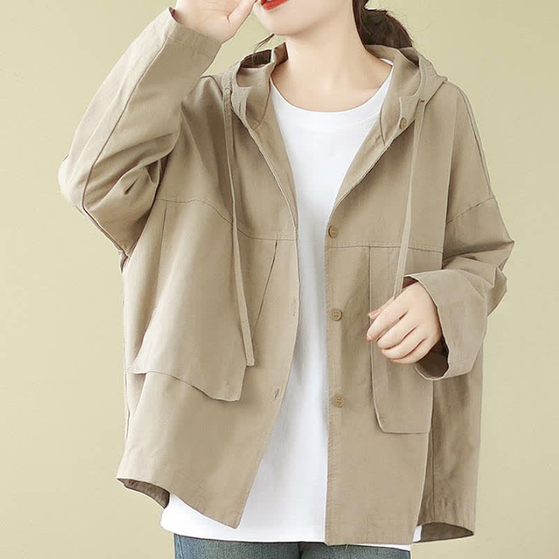 Buddha Stones Lässige, minimalistische Damenjacke mit Kordelzug und Tasche für den Herbst – einfarbig, einfarbig, mit Tasche - image 4