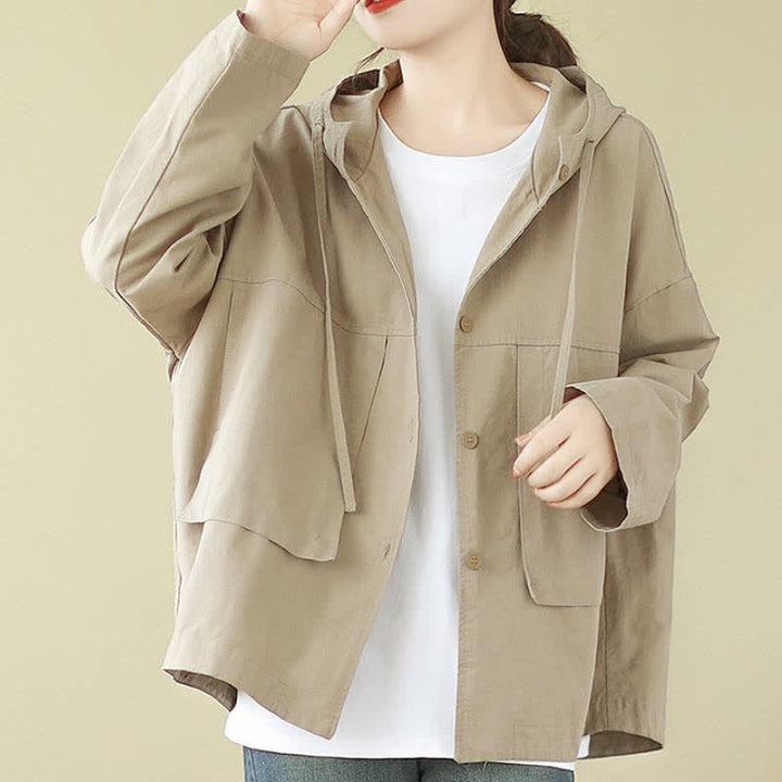 Buddha Stones Lässige, minimalistische Damenjacke mit Kordelzug und Tasche für den Herbst – einfarbig, einfarbig, mit Tasche - image 4