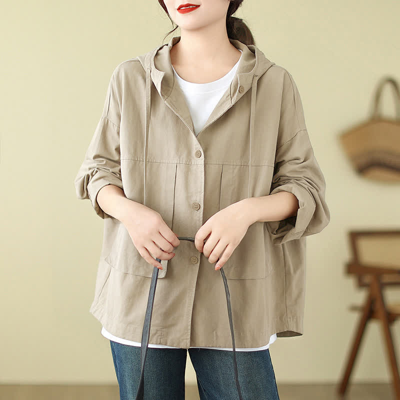 Buddha Stones Lässige, minimalistische Damenjacke mit Kordelzug und Tasche für den Herbst – einfarbig, einfarbig, mit Tasche - Bräunen - US12, UK/AU16, EU44 (XL) - image 0