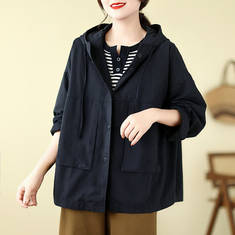 Buddha Stones Lässige, minimalistische Damenjacke mit Kordelzug und Tasche für den Herbst – einfarbig, einfarbig, mit Tasche - Schwarz - US12, UK/AU16, EU44 (XL) - image 9
