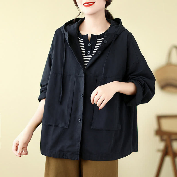 Buddha Stones Lässige, minimalistische Damenjacke mit Kordelzug und Tasche für den Herbst – einfarbig, einfarbig, mit Tasche - Schwarz - US12, UK/AU16, EU44 (XL) - image 9