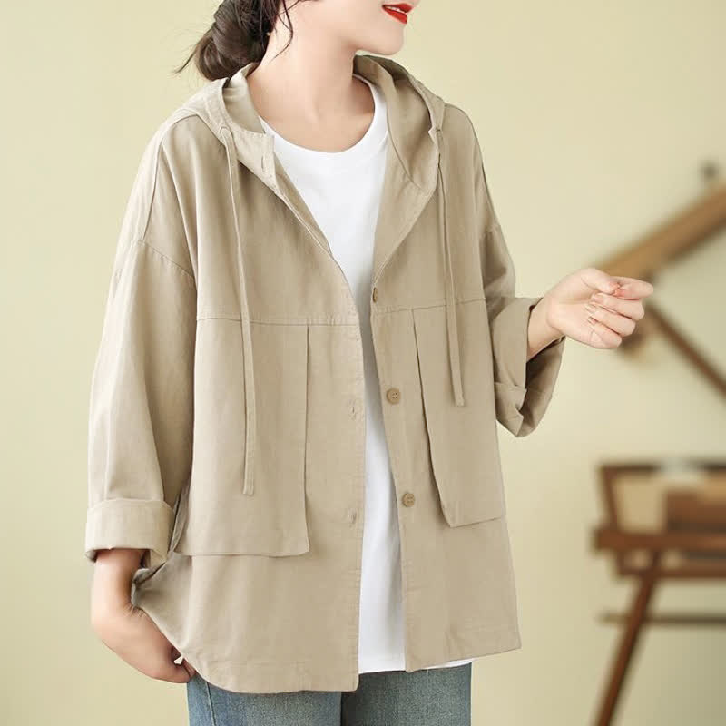 Buddha Stones Lässige, minimalistische Damenjacke mit Kordelzug und Tasche für den Herbst – einfarbig, einfarbig, mit Tasche - image 3