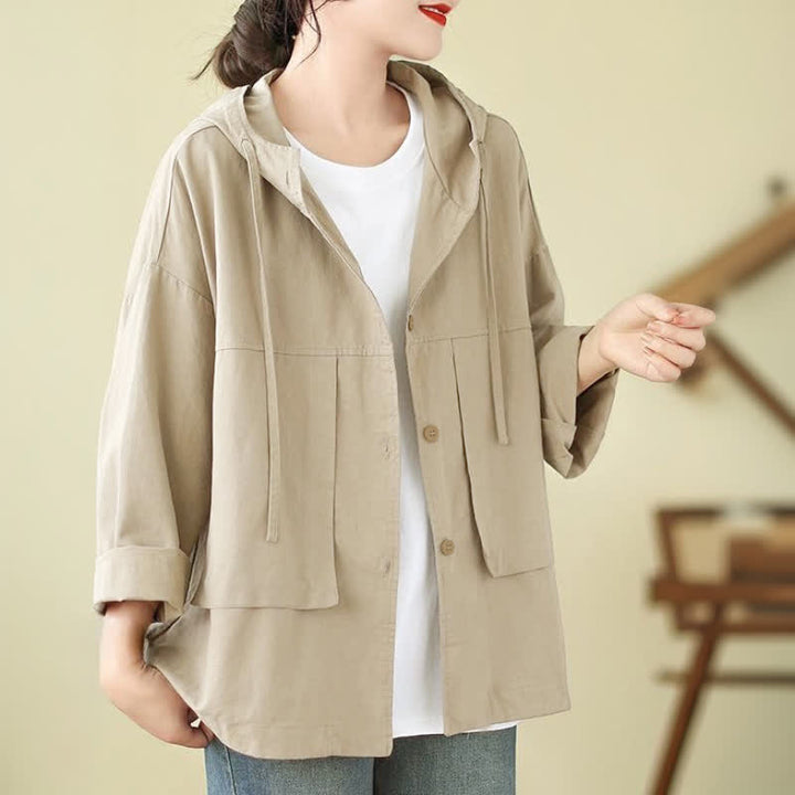 Buddha Stones Lässige, minimalistische Damenjacke mit Kordelzug und Tasche für den Herbst – einfarbig, einfarbig, mit Tasche - image 3