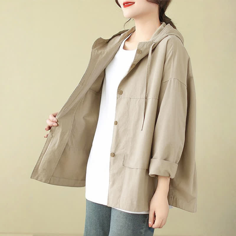 Buddha Stones Lässige, minimalistische Damenjacke mit Kordelzug und Tasche für den Herbst – einfarbig, einfarbig, mit Tasche - image 1