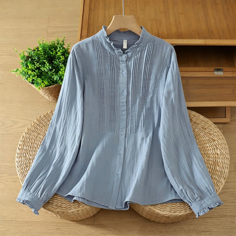 Buddha Stones Elegante Vintage-Damenbluse im Herbst-Stil mit Knopfleiste, Falten und langen Ärmeln aus einfarbiger Baumwolle. - Hellstahlblau - US12, UK/AU16, EU44 (2XL) - image 0