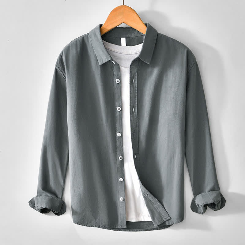 Buddha Stones Lässiges, minimalistisches Langarmhemd aus einfarbiger Baumwolle für Herren mit Knopfleiste für den Frühling - DimGray - US/UK/AU44, EU54 (4XL) - image 0