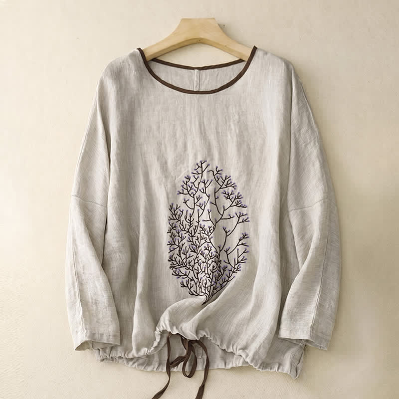 Buddha Stones Lässiges Damen-Langarmshirt mit Baumstickerei und Kordelzug, Rundhalsausschnitt, Baumwoll-Leinen-Mischgewebe, Frühling/Herbst - image 1