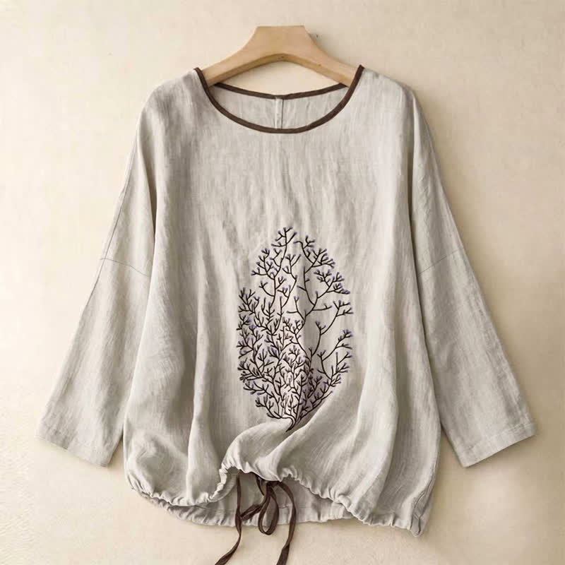 Buddha Stones Lässiges Damen-Langarmshirt mit Baumstickerei und Kordelzug, Rundhalsausschnitt, Baumwoll-Leinen-Mischgewebe, Frühling/Herbst - Hellgrau - US14, UK/AU18, EU46 (2XL) - image 0