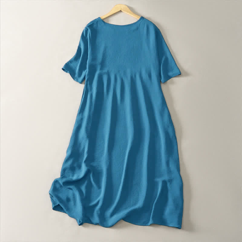 Buddha Stones Sommerliches, lässiges, minimalistisches, einfarbiges Damenkleid mit kurzen Ärmeln und Tasche - image 1
