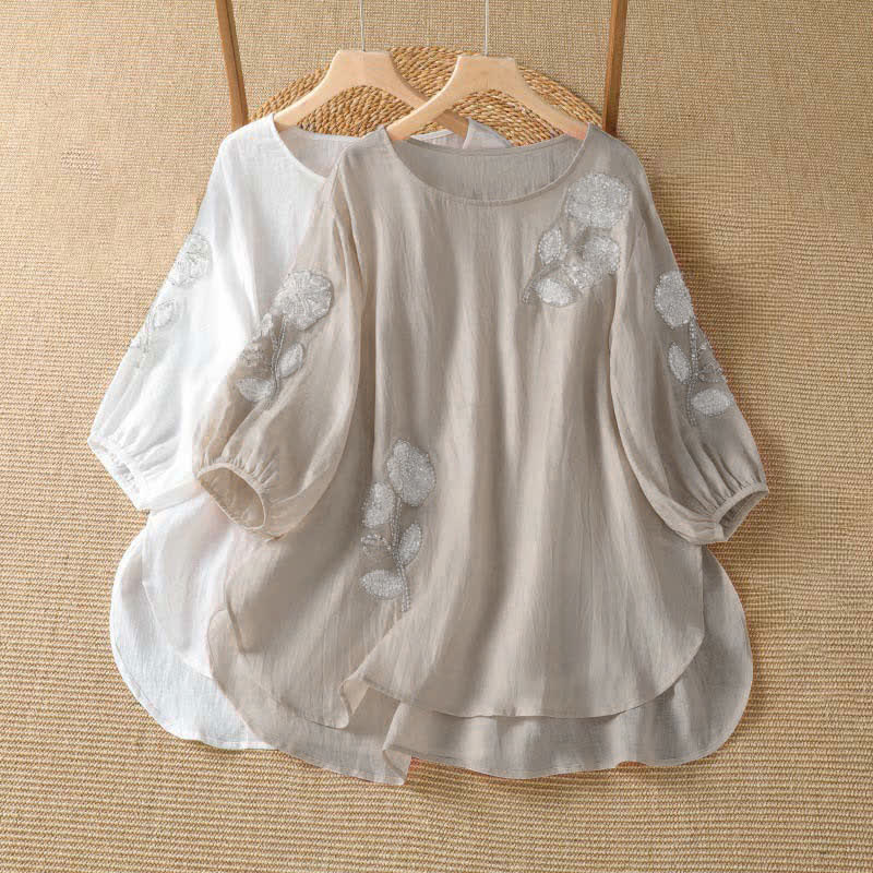Buddha Stones Sommerliches, lässig-elegantes, weiß besticktes Damen-Langarmshirt mit Blumenmuster und Rundhalsausschnitt - image 8
