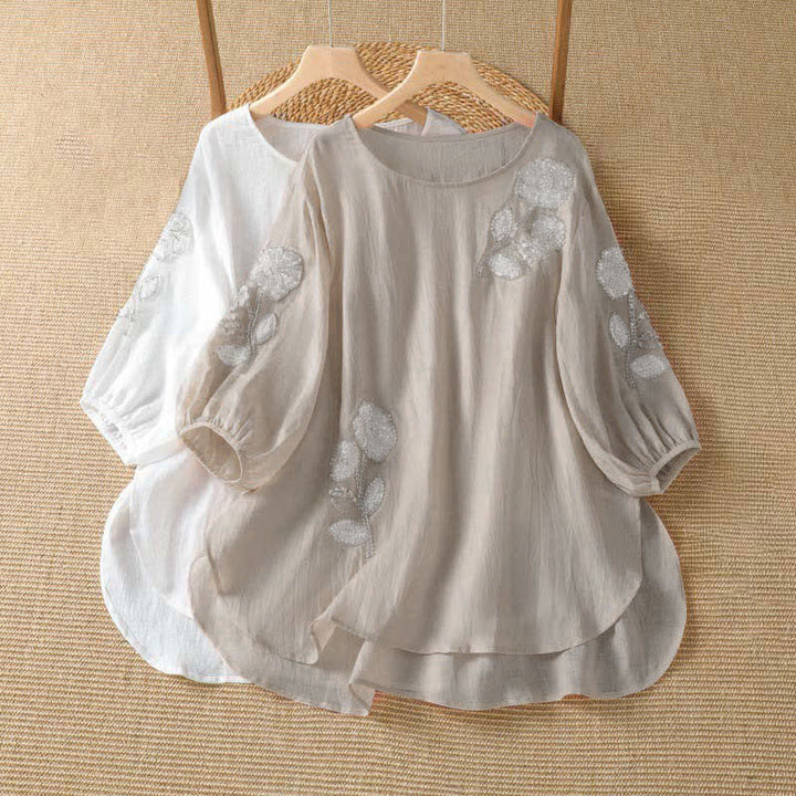 Buddha Stones Sommerliches, lässig-elegantes, weiß besticktes Damen-Langarmshirt mit Blumenmuster und Rundhalsausschnitt - image 8