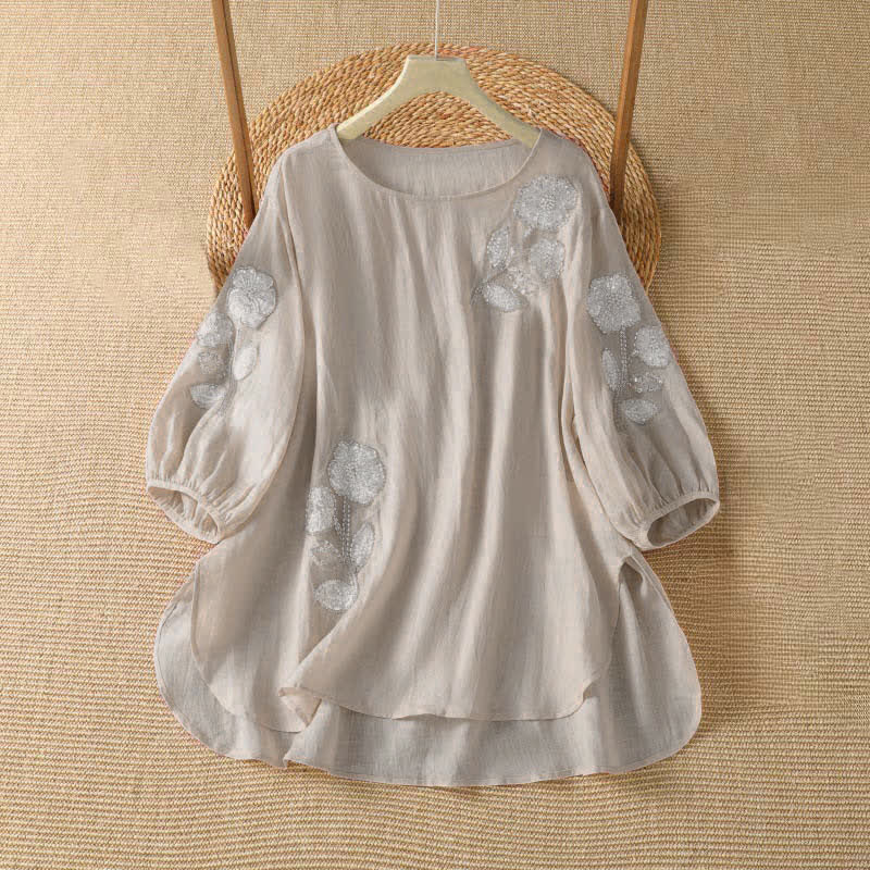 Buddha Stones Sommerliches, lässig-elegantes, weiß besticktes Damen-Langarmshirt mit Blumenmuster und Rundhalsausschnitt - MistyRose - US14, UK/AU18, EU46 (2XL) - image 0