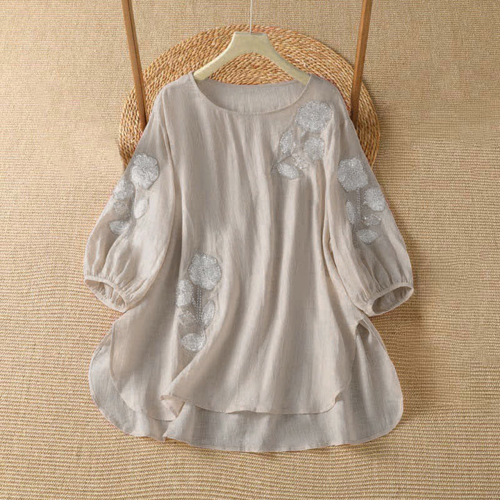 Buddha Stones Sommerliches, lässig-elegantes, weiß besticktes Damen-Langarmshirt mit Blumenmuster und Rundhalsausschnitt - MistyRose - US14, UK/AU18, EU46 (2XL) - image 0