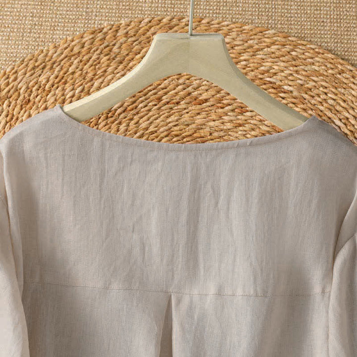 Buddha Stones Sommerliches, lässig-elegantes, weiß besticktes Damen-Langarmshirt mit Blumenmuster und Rundhalsausschnitt - image 3