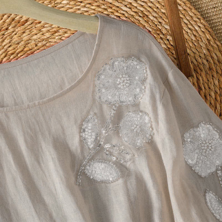 Buddha Stones Sommerliches, lässig-elegantes, weiß besticktes Damen-Langarmshirt mit Blumenmuster und Rundhalsausschnitt - image 2