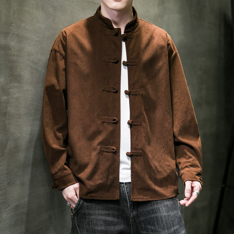 Buddha Stones Lässige Herrenjacke im Tang-Stil mit Froschknopfverschluss aus einfarbiger Baumwolle für Herbst und Winter - Sienna - US/UK/AU46, EU56 (5XL) - image 0