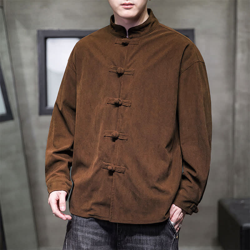 Buddha Stones Lässige Herrenjacke im Tang-Stil mit Froschknopfverschluss aus einfarbiger Baumwolle für Herbst und Winter - image 1