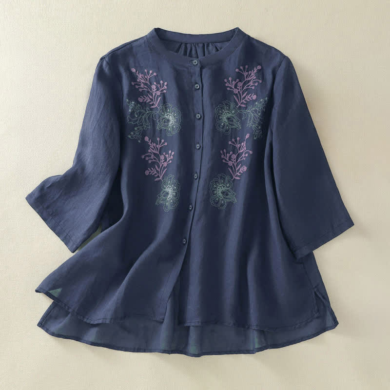 Damenbluse mit Buddha Stones -Stickerei, Faltenwurf, Stehkragen, Dreiviertelärmeln und Seitenschlitzen am Saum - Mitternachtsblau - US8-10, UK/AU12-14, EU40-42 (2XL) - image 0