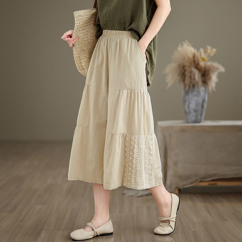 Buddha Stones Lässige, schlichte Baumwollhose mit Spitzeneinsatz, verkürztem Bein und Taschen für Damen - image 2