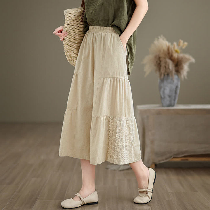 Buddha Stones Lässige, schlichte Baumwollhose mit Spitzeneinsatz, verkürztem Bein und Taschen für Damen - image 2
