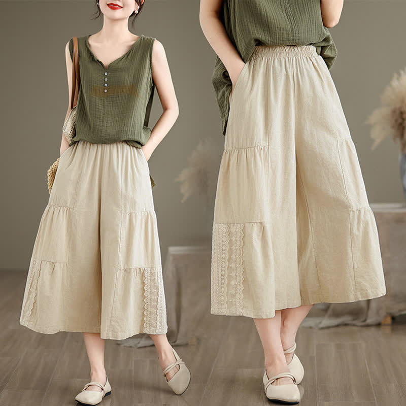 Buddha Stones Lässige, schlichte Baumwollhose mit Spitzeneinsatz, verkürztem Bein und Taschen für Damen - image 6