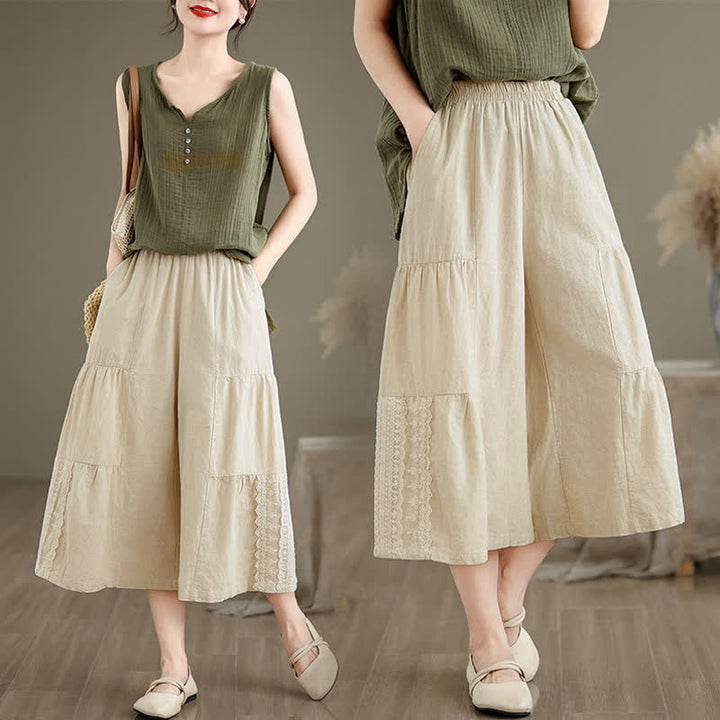 Buddha Stones Lässige, schlichte Baumwollhose mit Spitzeneinsatz, verkürztem Bein und Taschen für Damen - image 6