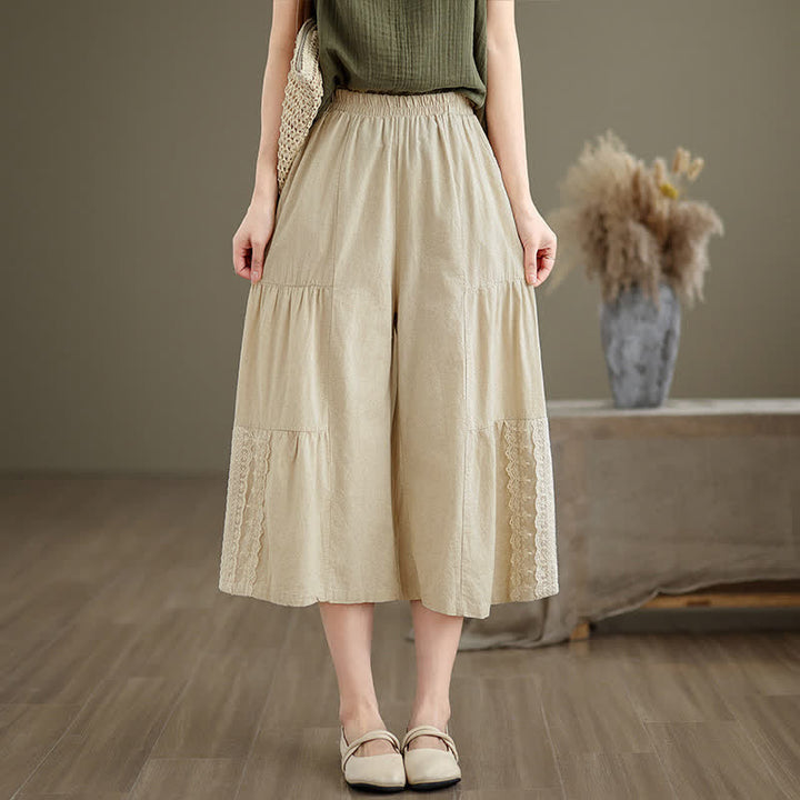 Buddha Stones Lässige, schlichte Baumwollhose mit Spitzeneinsatz, verkürztem Bein und Taschen für Damen - image 5