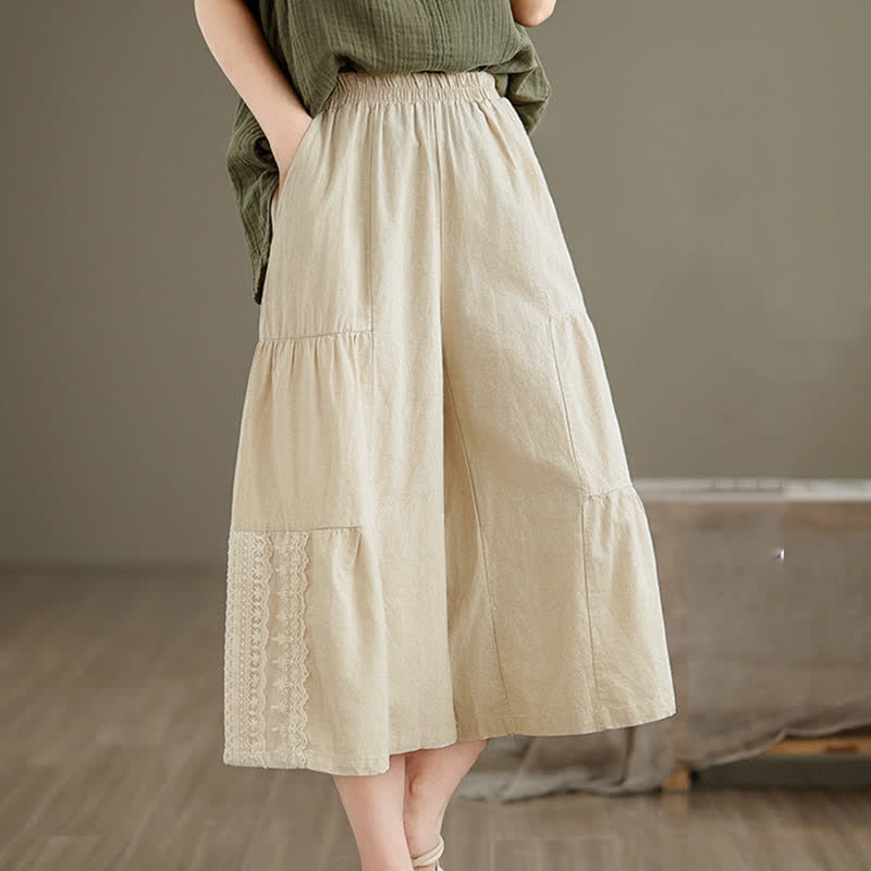 Buddha Stones Lässige, schlichte Baumwollhose mit Spitzeneinsatz, verkürztem Bein und Taschen für Damen - image 4