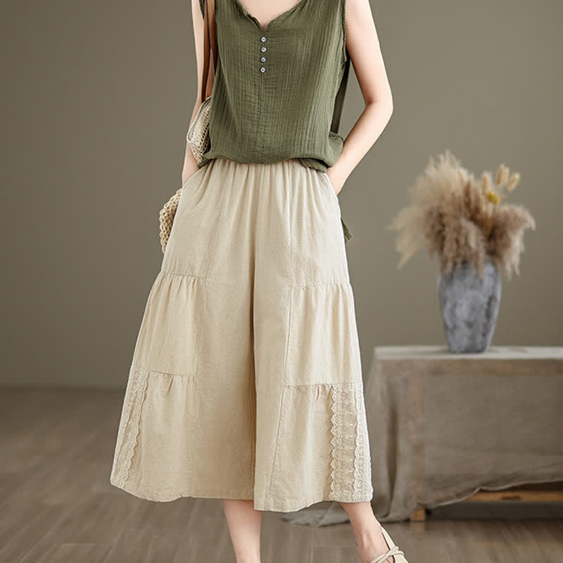 Buddha Stones Lässige, schlichte Baumwollhose mit Spitzeneinsatz, verkürztem Bein und Taschen für Damen - image 1