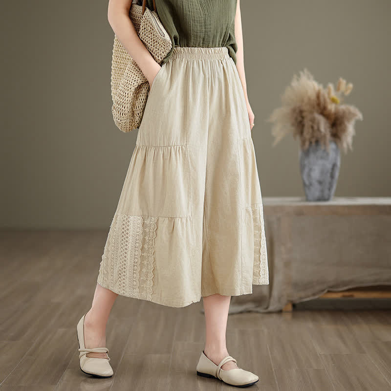 Buddha Stones Lässige, schlichte Baumwollhose mit Spitzeneinsatz, verkürztem Bein und Taschen für Damen - Beige - US8-10, UK/AU12-14, EU40-42 (2XL) - image 0