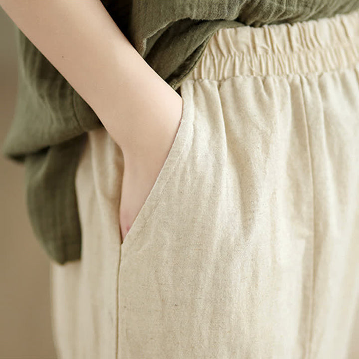 Buddha Stones Lässige, schlichte Baumwollhose mit Spitzeneinsatz, verkürztem Bein und Taschen für Damen - image 7