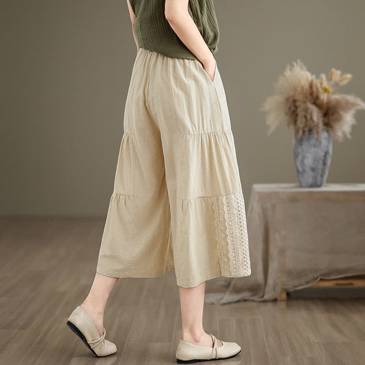 Buddha Stones Lässige, schlichte Baumwollhose mit Spitzeneinsatz, verkürztem Bein und Taschen für Damen - image 3