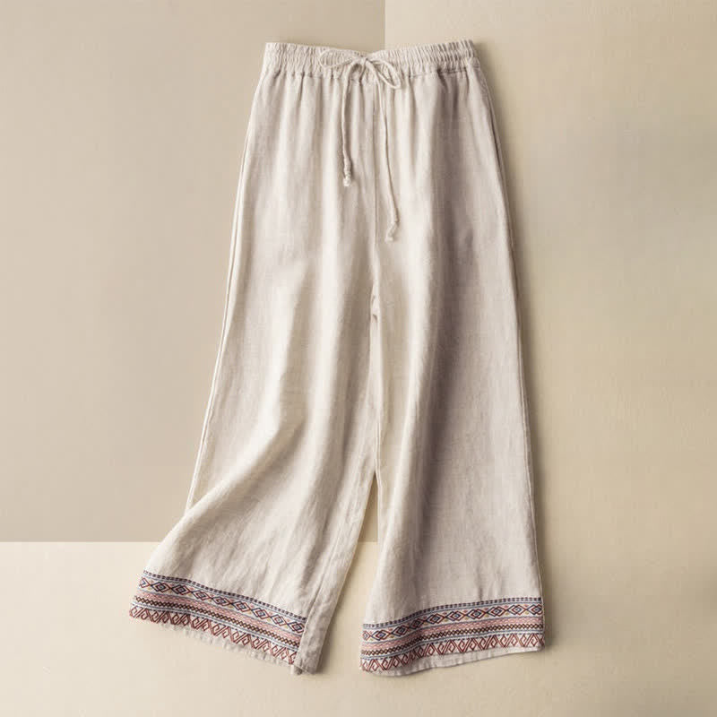 Lässige Damenhose mit weitem Bein, Taschen und Kordelzug im Boho-Stil mit Buddha Stones -Stickerei und Kordelzug - Beige - US12, UK/AU16, EU44 (XL) - image 0