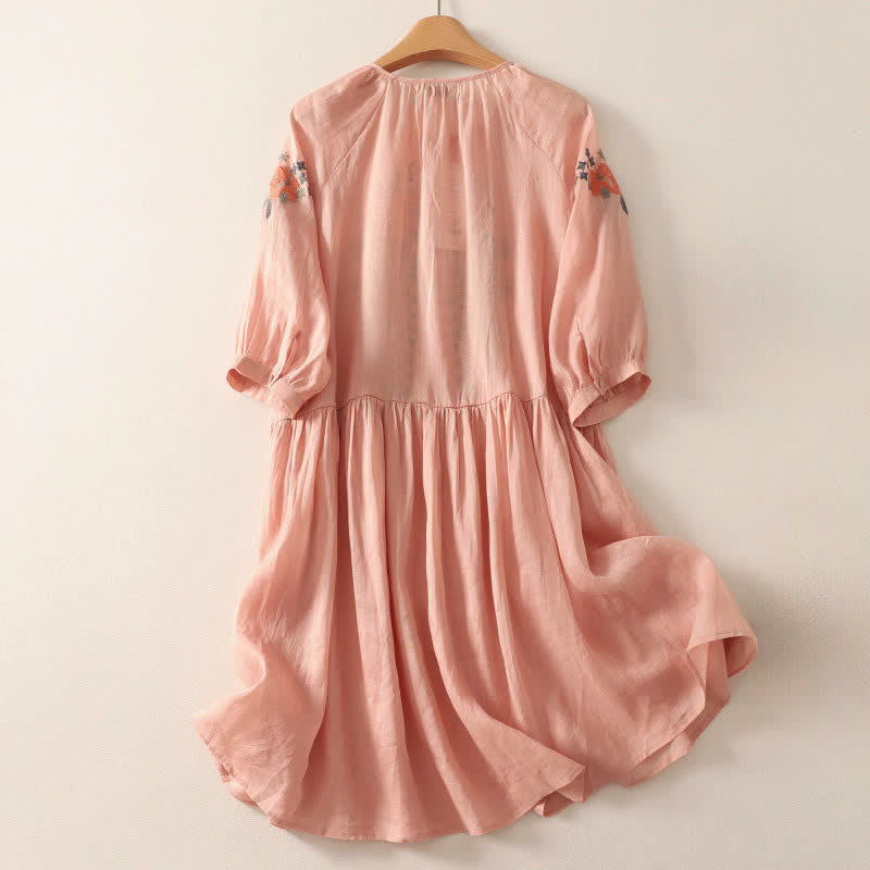 Buddha Stones Sommerkleid im Boho-Stil mit Blumenstickerei und ellbogenlangen Ärmeln für Damen - image 1