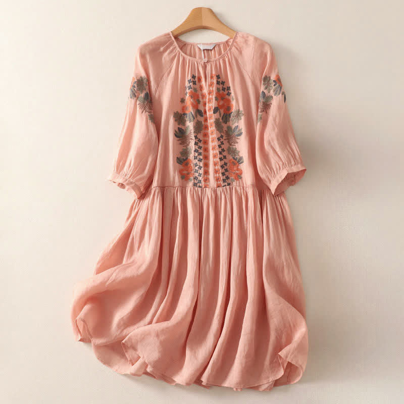 Buddha Stones Sommerkleid im Boho-Stil mit Blumenstickerei und ellbogenlangen Ärmeln für Damen - Helllachs - US12, UK/AU16, EU44 (2XL) - image 0