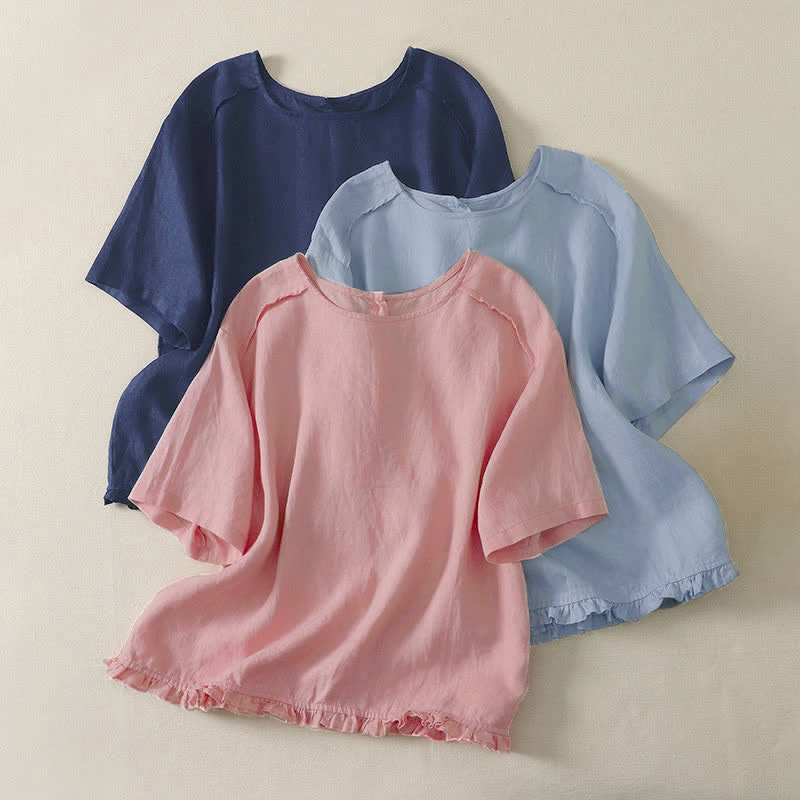 Buddha Stones Lässiges, minimalistisches Kurzarm-T-Shirt für Damen mit Rüschensaum - image 0