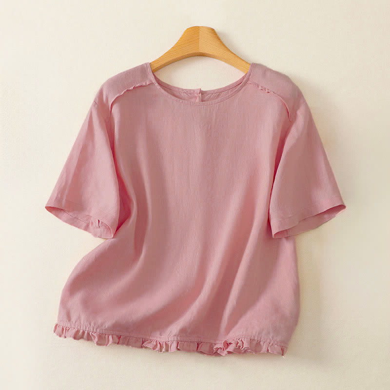 Buddha Stones Lässiges, minimalistisches Kurzarm-T-Shirt für Damen mit Rüschensaum - Hellrosa - US12, UK/AU16, EU44 (2XL) - image 2