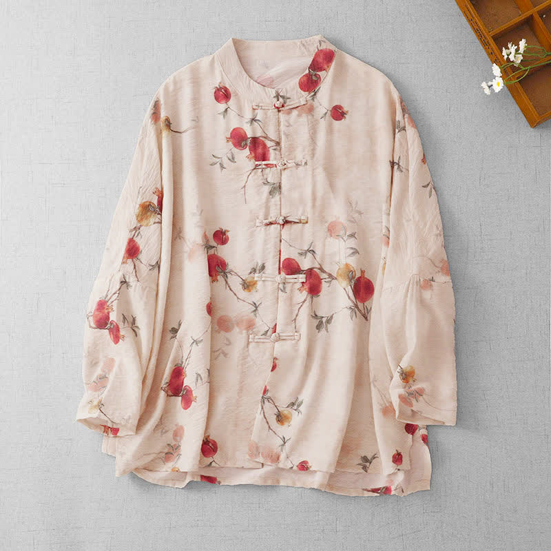Buddha Stones Sommer Tang Style Vintage Froschknopf Granatapfel Druck Damen Langarmhemden - Beige - US14, UK/AU18, EU46 (2XL) - image 0