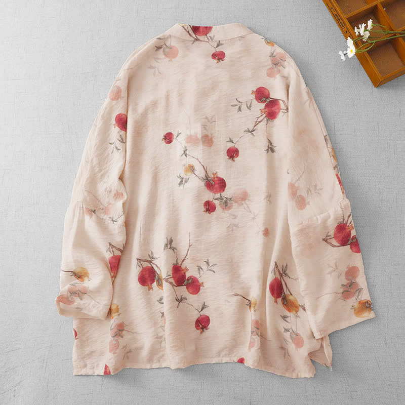 Buddha Stones Sommer Tang Style Vintage Froschknopf Granatapfel Druck Damen Langarmhemden - image 1