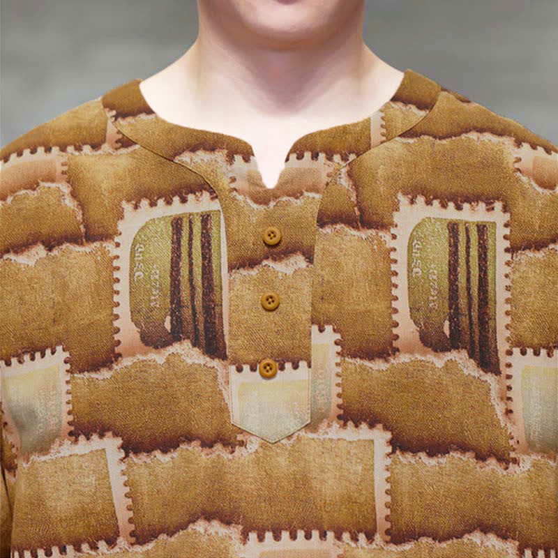 Buddha Stones Lässiges Sommerhemd für Herren im Boho-Stil mit Patchwork-Karo-Design, kurzen Ärmeln und aufgesetzter Tasche - image 18