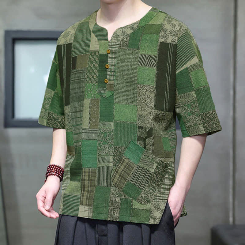 Buddha Stones Lässiges Sommerhemd für Herren im Boho-Stil mit Patchwork-Karo-Design, kurzen Ärmeln und aufgesetzter Tasche - Waldgrün - US/UK/AU46, EU56 (5XL) - image 0