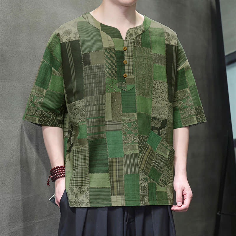 Buddha Stones Lässiges Sommerhemd für Herren im Boho-Stil mit Patchwork-Karo-Design, kurzen Ärmeln und aufgesetzter Tasche - image 2