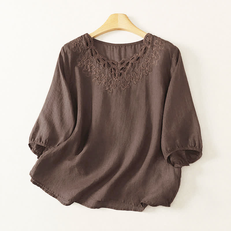 Buddha Stones Lässiges Vintage-T-Shirt für Damen mit Rundhalsausschnitt, Stickerei und Dreiviertelärmeln für Frühling und Sommer - Sattelbraun - US12, UK/AU16, EU44 (2XL) - image 0