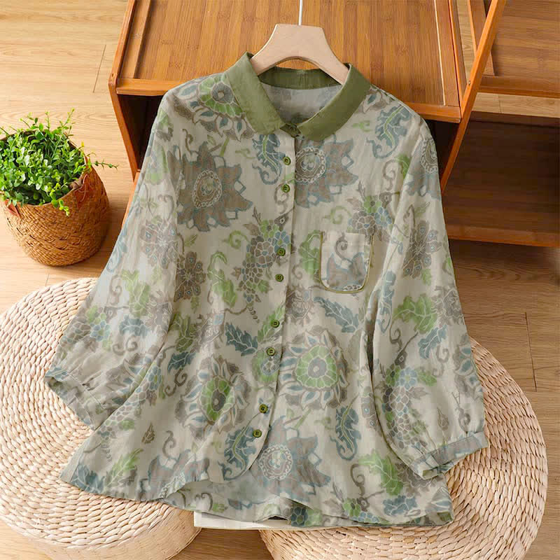 Buddha Stones Lässige Vintage-Damenbluse mit Blumenmuster, Knopfleiste und Tasche für Frühling und Sommer - Dunkelmeergrün - US8-10, UK/AU12-14, EU40-42 (2XL) - image 0