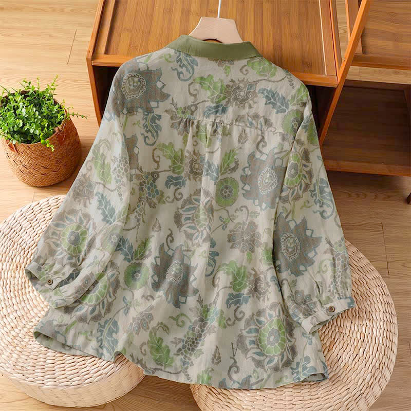 Buddha Stones Lässige Vintage-Damenbluse mit Blumenmuster, Knopfleiste und Tasche für Frühling und Sommer - image 1