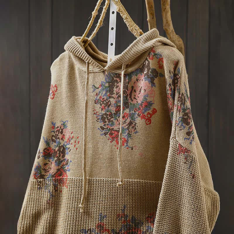Buddha Stones Damen Strickpullover mit Blumenmuster, langen Ärmeln und Kapuze - image 1
