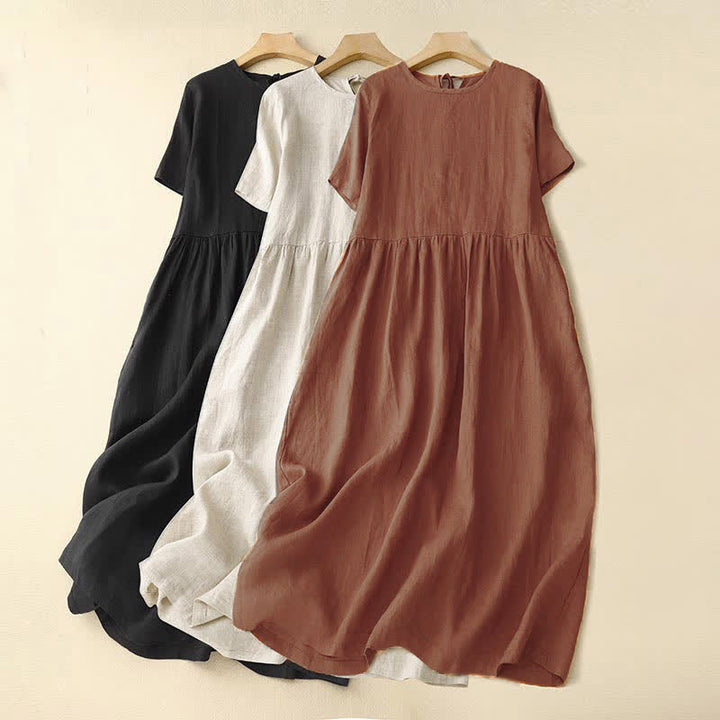 Buddha Stones Lässiges Kurzarm-Midikleid für Damen mit Schleife und Taschen - image 24