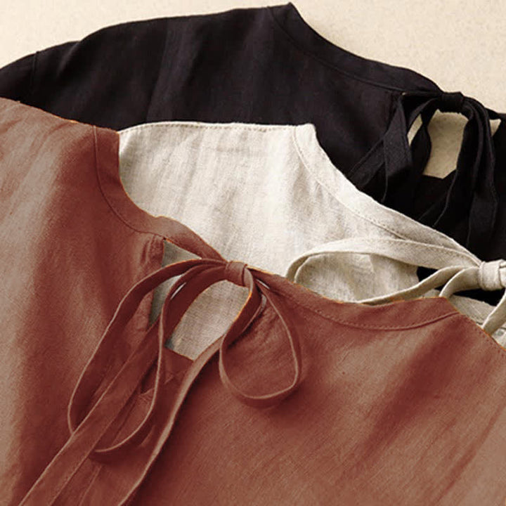 Buddha Stones Lässiges Kurzarm-Midikleid für Damen mit Schleife und Taschen - image 25