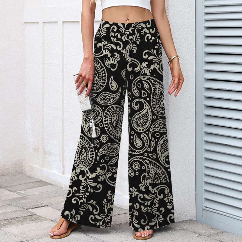 Buddha Stones Baumwoll-Leinen-Hose mit Vintage-Paisley-Muster, elastischem Bund, weitem Bein und Taschen - image 1